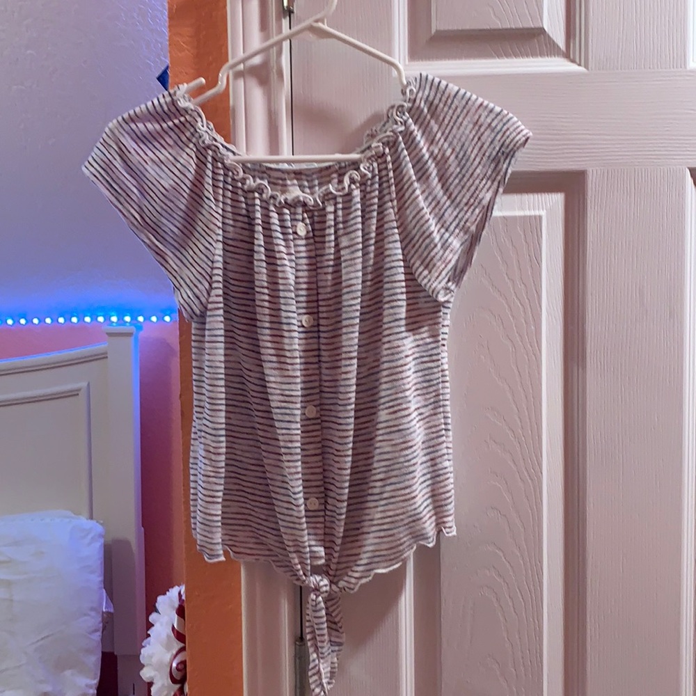 Cotton button down off the shoulder blouse